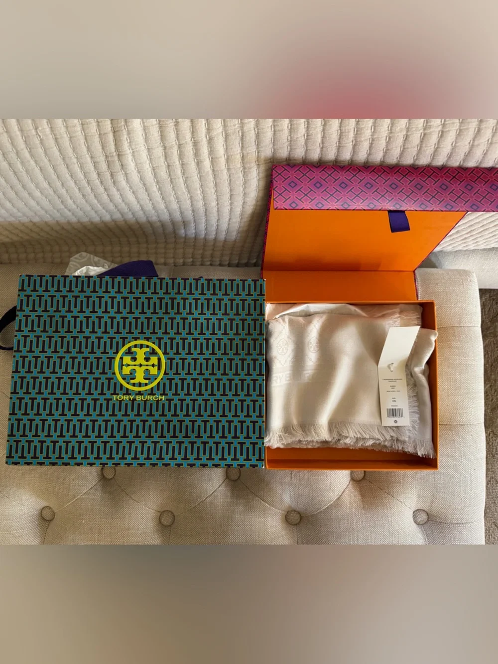 Tory Burch Cream Logo Jacquard Fringe Scarf